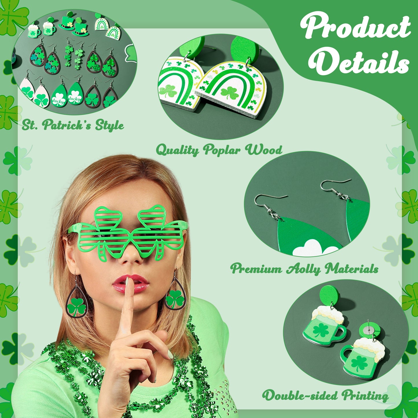 Y1tvei St.Patrick's Shamrock Wooden Earrings - 9 Pairs Shamrock Hat Green Beer Shaped Cutout Teardrop Dangle Earring Lightweight Shamrock Stud Lucky Decor Holiday Jewelry Gift for Girls Teens Women