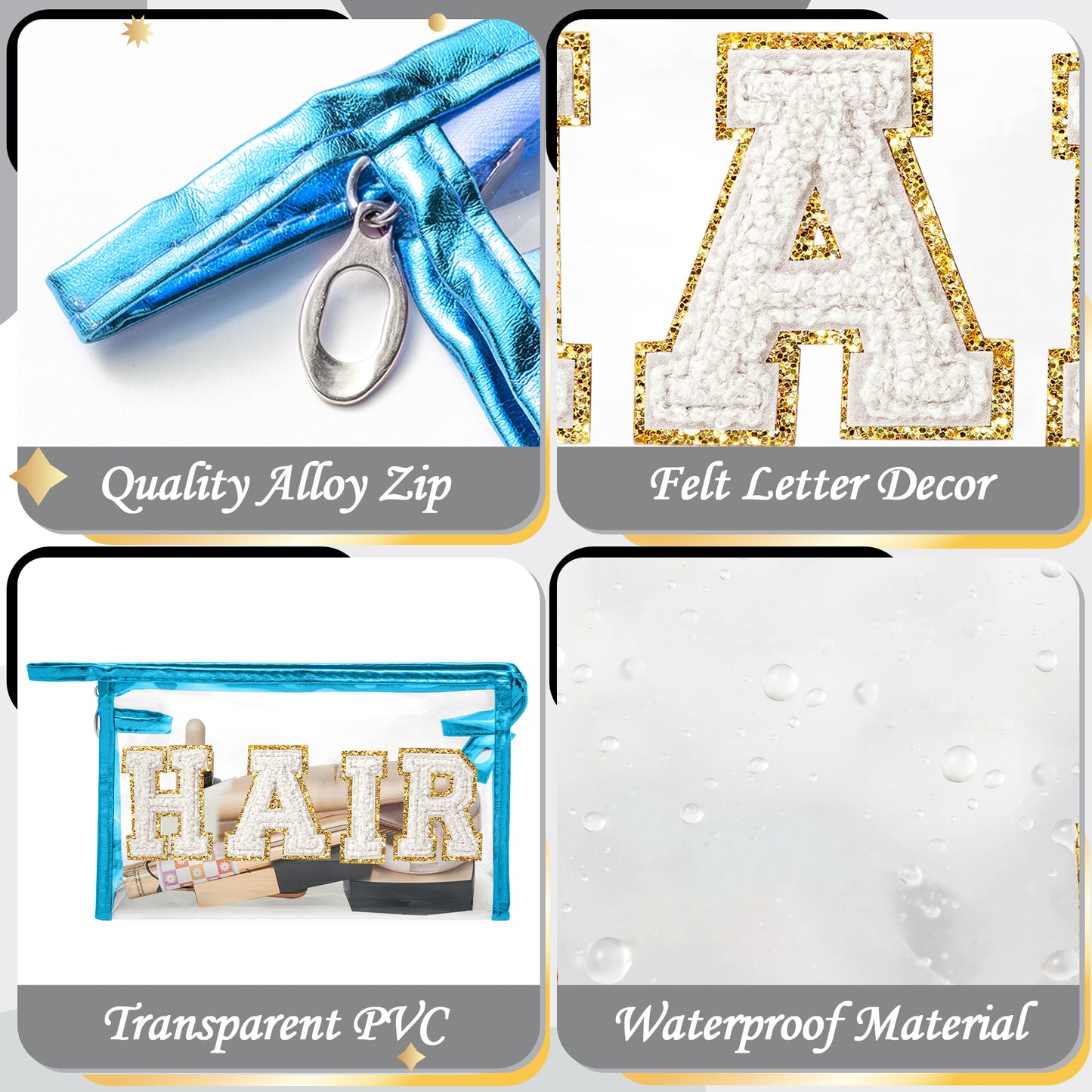 Y1tvei Clear HAIR Makeup Bag - Preppy Patch White Chenille Varsity Letter Cosmetic Bag Transparent PVC Zipper Waterproof Portable Beach Travel Storage Pouch Toiletry Organizer for Women(Blue)