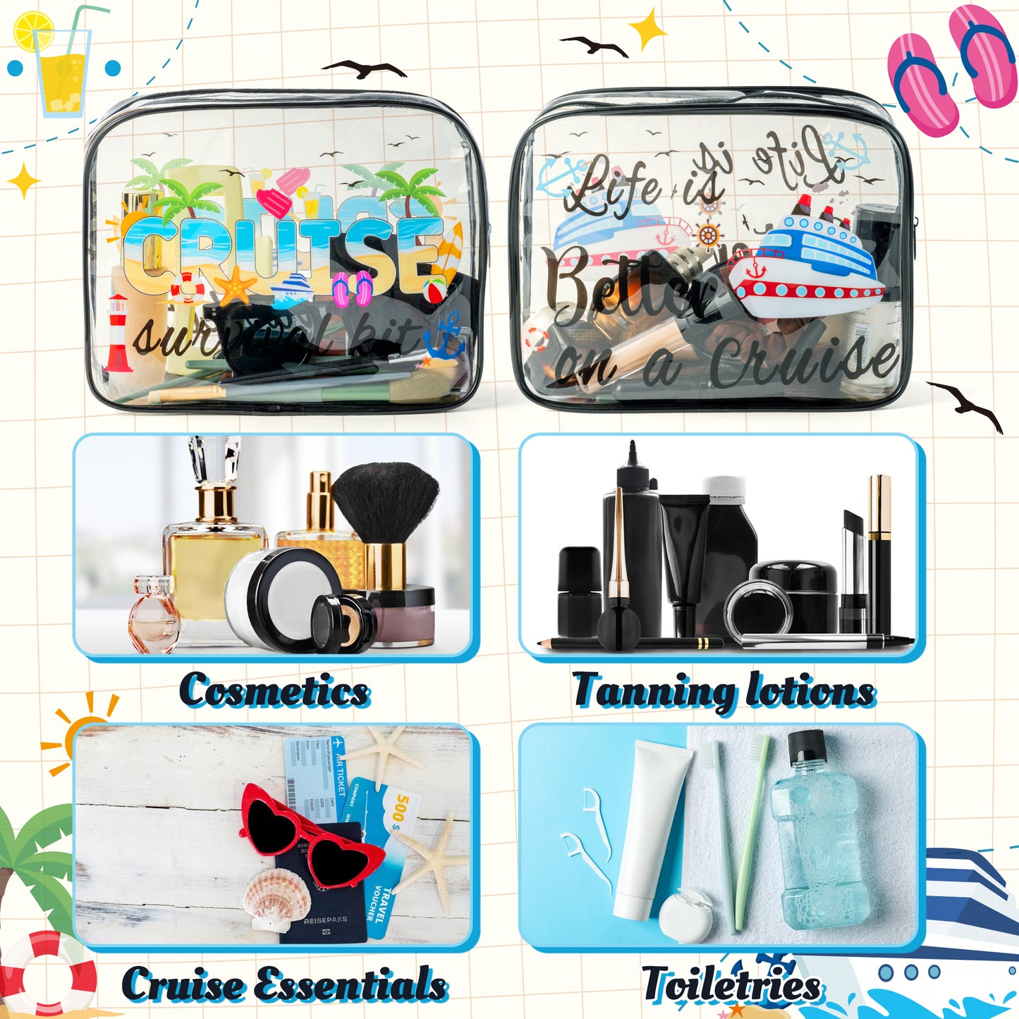 Y1tvei Cruise Clear Makeup Bag - 2Pcs Large Cruise Ship Essentials Travel Cosmetic Bag Cruise Survival Kit PVC Waterproof Toiletry Organizer Pouches Summer Beach Travel Accessories for Women Vacation