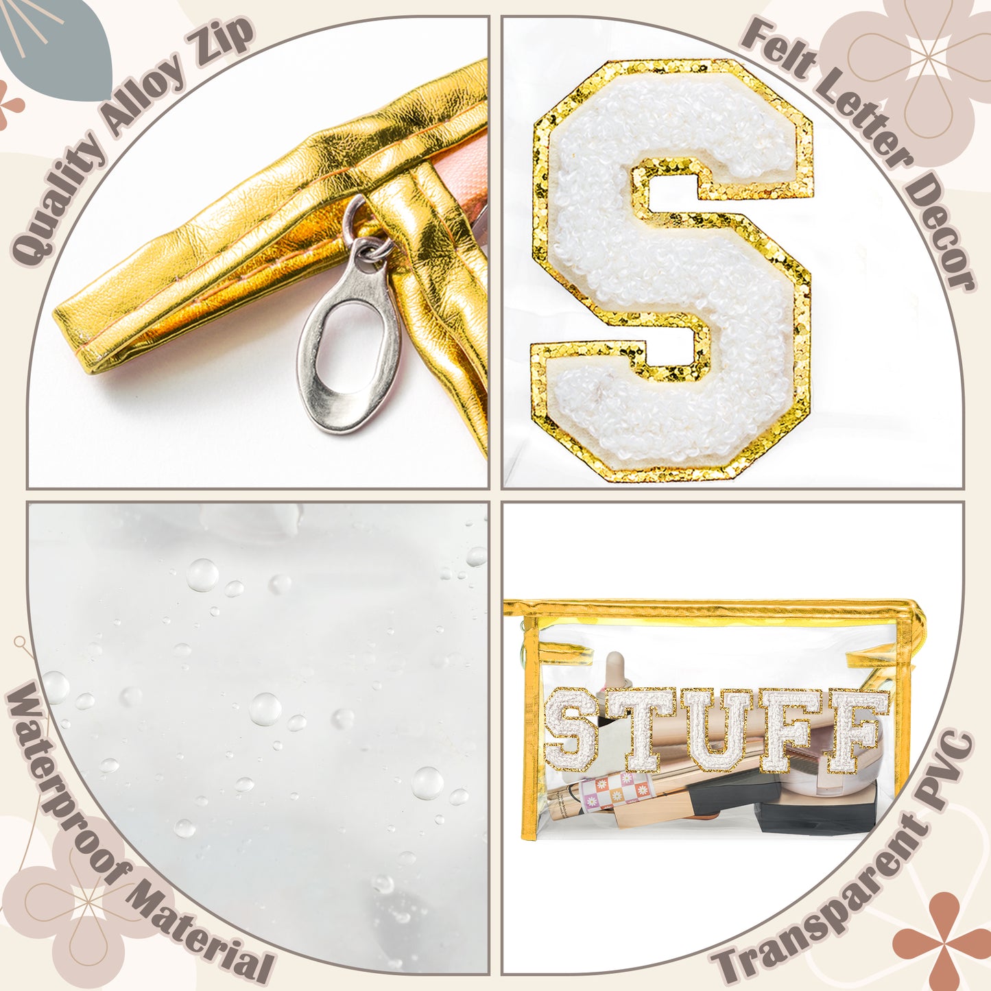 Y1tvei Clear STUFF Makeup Bag - Preppy Patch White Chenille Varsity Letter PVC Transparent Extra Large Cosmetic Pouch Portable Waterproof Travel Organizer Toiletry Compliant Bag for Women(Gold)