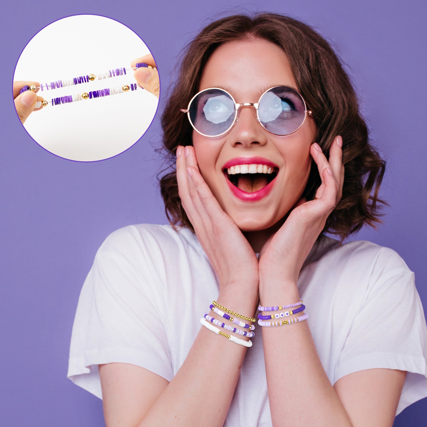 Y1tvei Purple Heishi Bead Bracelets - 7Pcs Purple Clay Bead Surfer Bracelet Set Stackable Gold Plated Bead Stretch Bracelet Boho Layering Summer Beach Jewelry Friendship Bracelet for Women Teen Girls