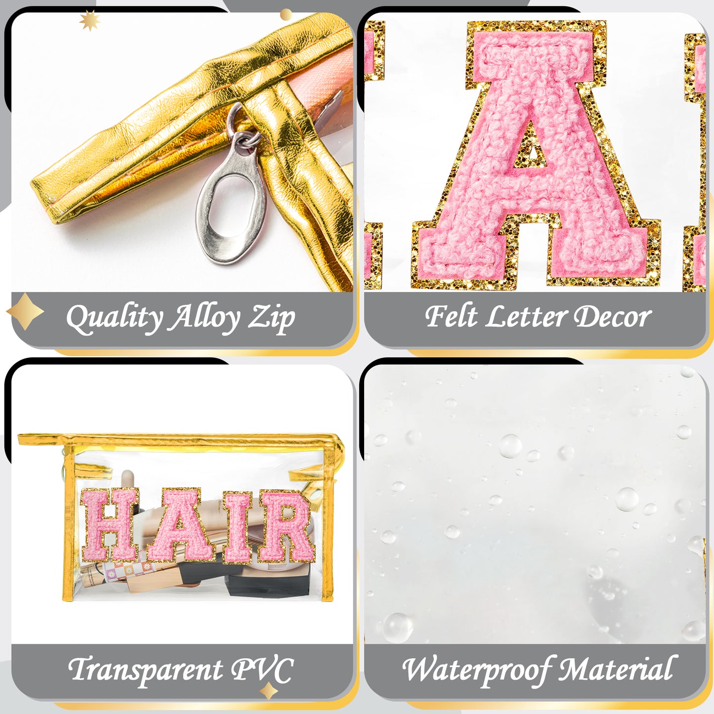 Y1tvei Clear HAIR Makeup Bag - Preppy Patch Pink Chenille Varsity Letter Cosmetic Bag Transparent PVC Zipper Waterproof Portable Beach Travel Storage Pouch Toiletry Organizer for Women(Gold)