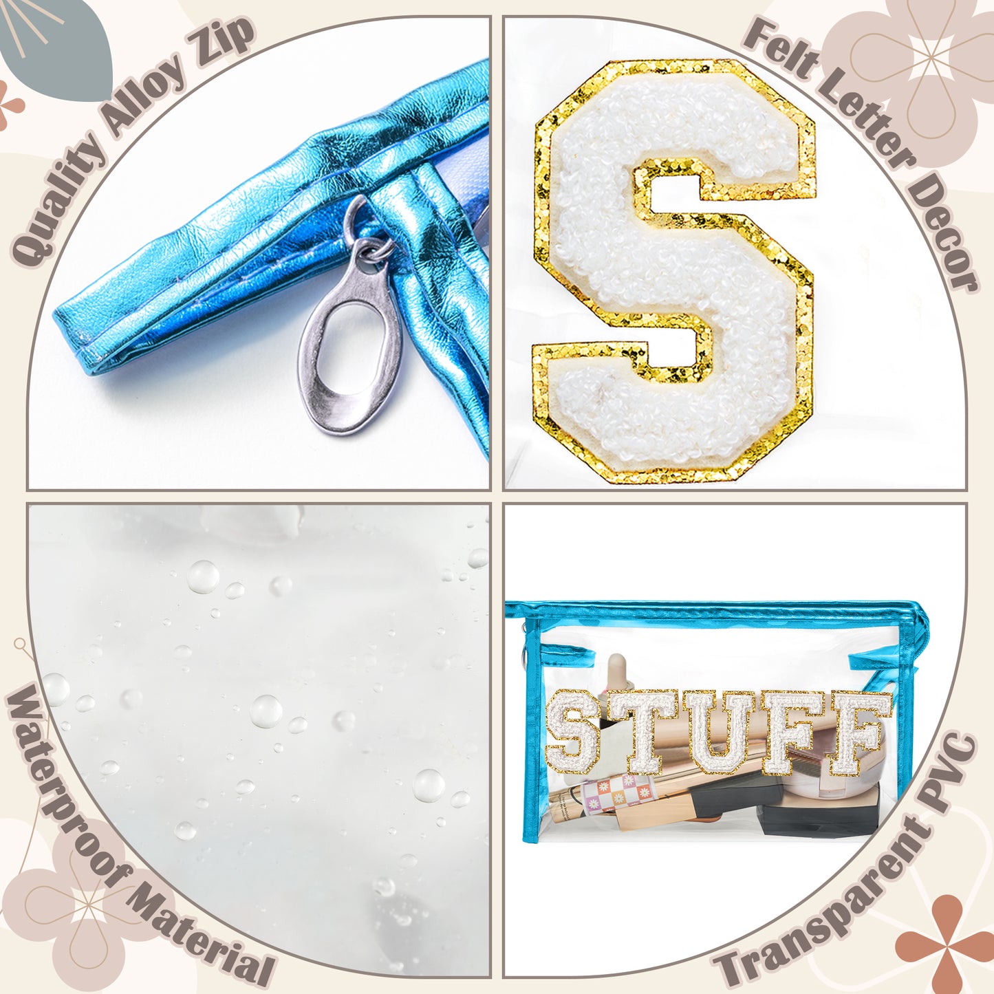 Y1tvei Clear STUFF Makeup Bag - Preppy Patch White Chenille Varsity Letter PVC Transparent Extra Large Cosmetic Pouch Portable Waterproof Travel Organizer Toiletry Compliant Bag for Women(Blue)