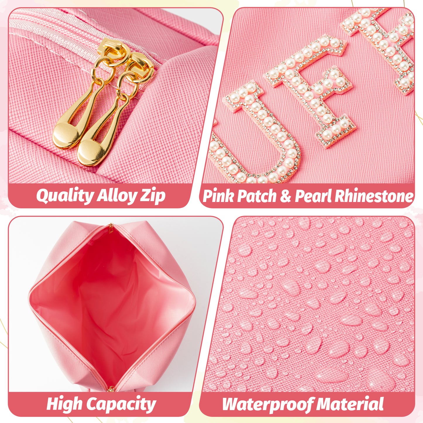 Y1tvei Pearl Rhinestone Stuff Letter Pink Patch Makeup Bag Extra Large Pu Leather Cosmetic Pouch Varsity Pearl Letter Toiletry Bag Waterproof Portable Zipper Travel Organizer for Women Girls (Pink)