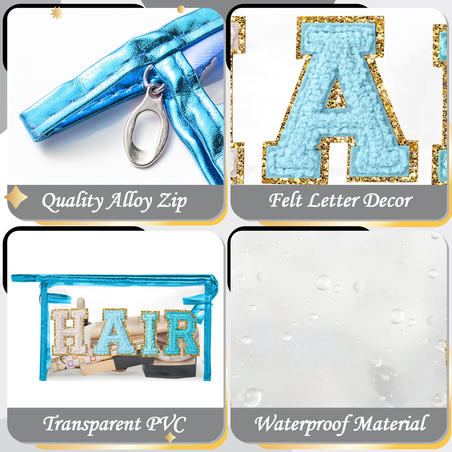 Y1tvei Clear HAIR Makeup Bag - Preppy Patch Blue Chenille Varsity Letter Cosmetic Bag Transparent PVC Zipper Waterproof Portable Beach Travel Storage Carry Pouch Toiletry Organizer for Women(Blue)