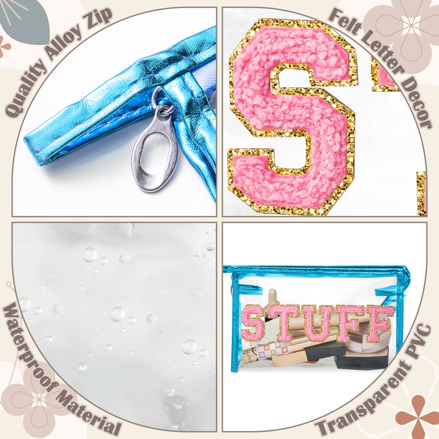 Y1tvei Clear STUFF Makeup Bag - Preppy Patch Pink Chenille Varsity Letter PVC Transparent Extra Large Cosmetic Pouch Portable Waterproof Travel Organizer Toiletry Compliant Bag for Women(Blue)