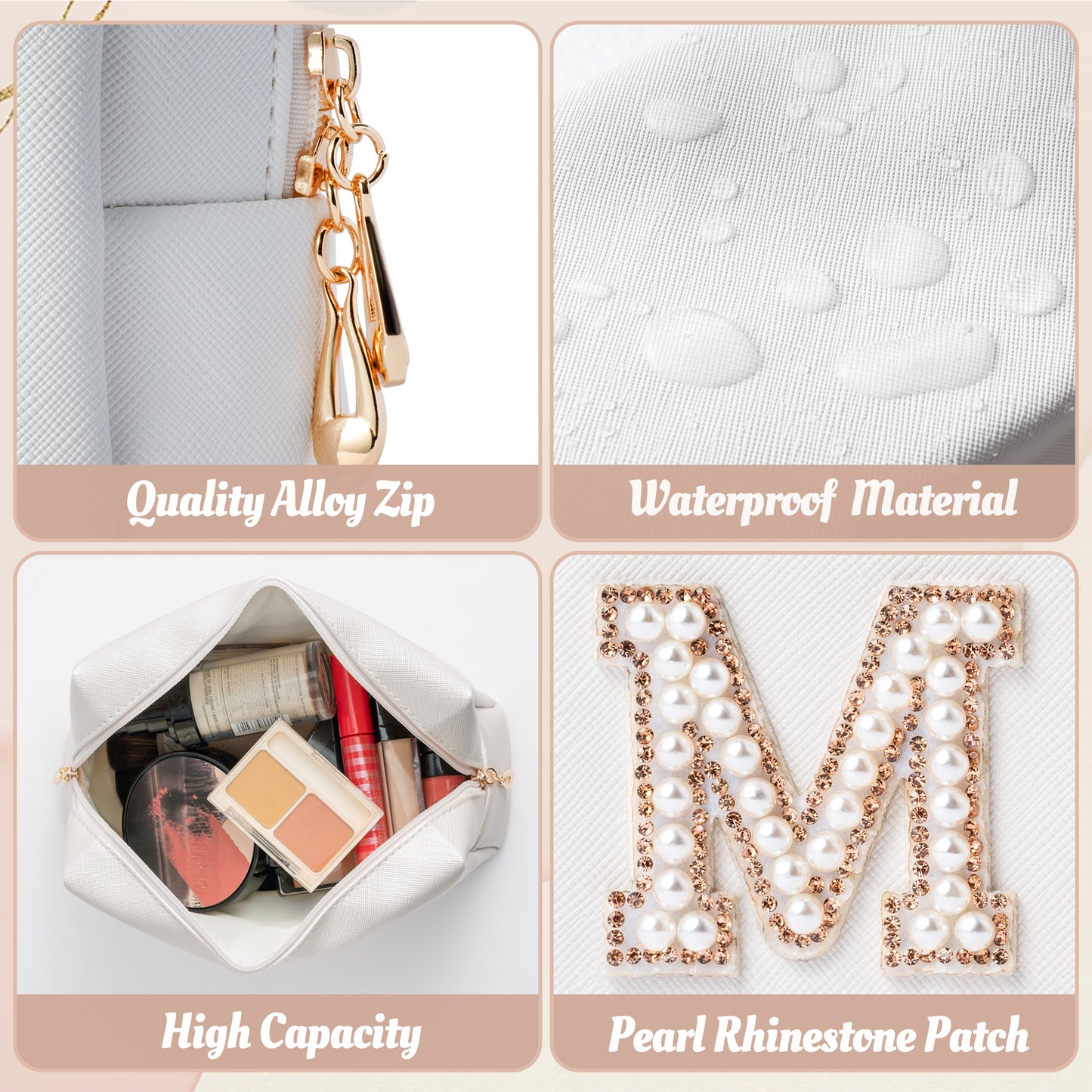 Y1tvei Bride Gold MRS Patch Varsity Letter Cosmetic Toiletry Pearl Rhinestone Letter Patches Large Makeup Bag PU Leather Waterproof Portable Zipper Pouch Travel Organizer for Wedding Bride Bridesmaid