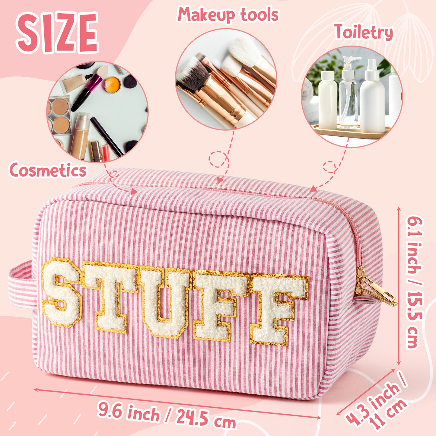 Y1tvei Pink White Striped STUFF Travel Makeup Bag with Side Handle Seersucker Chenille Letter Cosmetic Beauty Pouch Portable Zipper Toiletry Compliant Bag Large Capacity Travel Organizer for Women