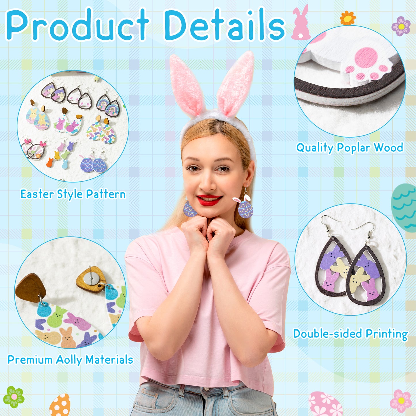 Y1tvei Easter Rabbit Wooden Earrings - 9 Pairs Colorful Easter Egg Peeps Bunny Candy Shaped Cutout Teardrop Dangle Earring Lightweight Cute Stud Ear Decor Holiday Jewelry Gift for Girls Women