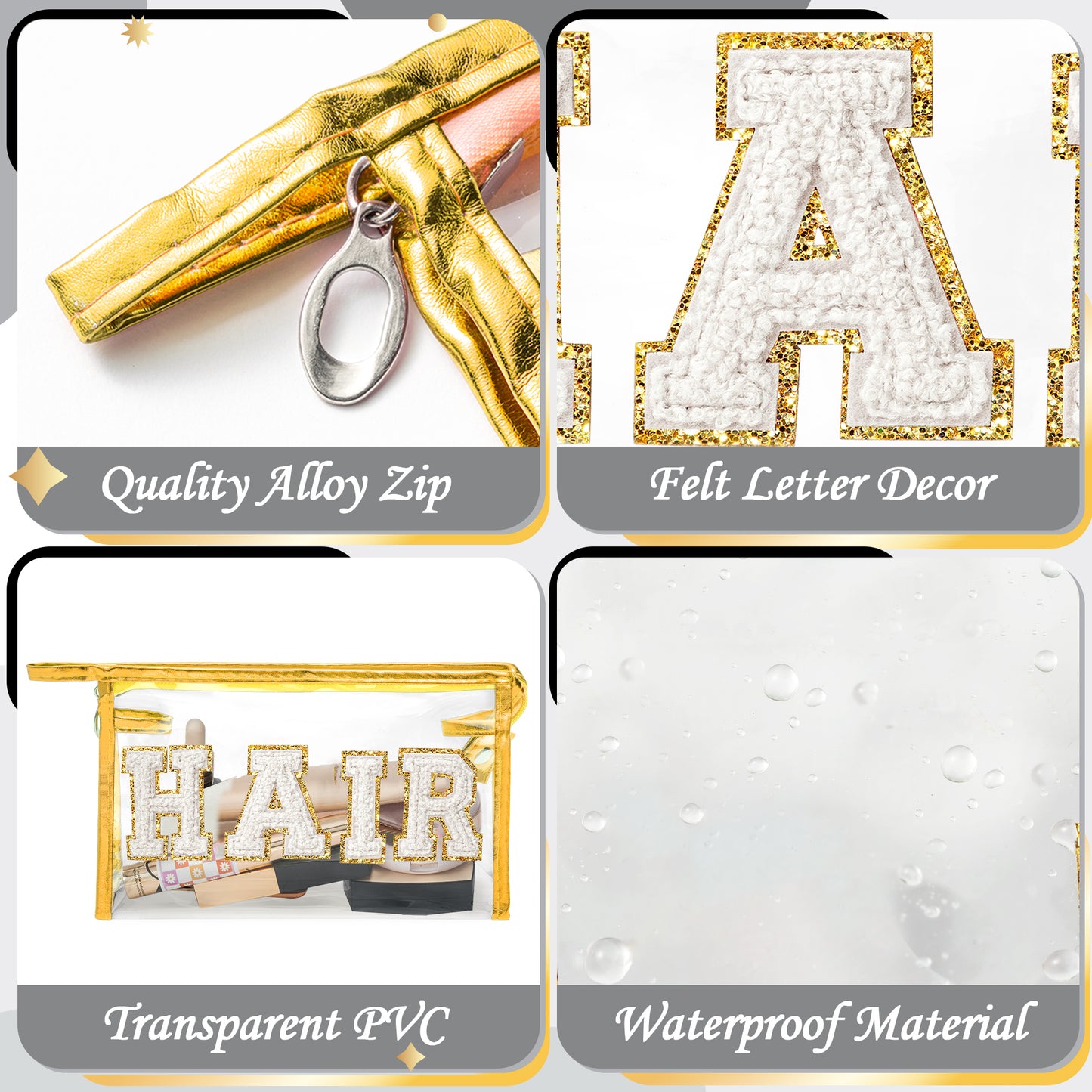 Y1tvei Clear HAIR Makeup Bag - Preppy Patch White Chenille Varsity Letter Cosmetic Bag Transparent PVC Zipper Waterproof Portable Beach Travel Storage Pouch Toiletry Organizer for Women(Gold)