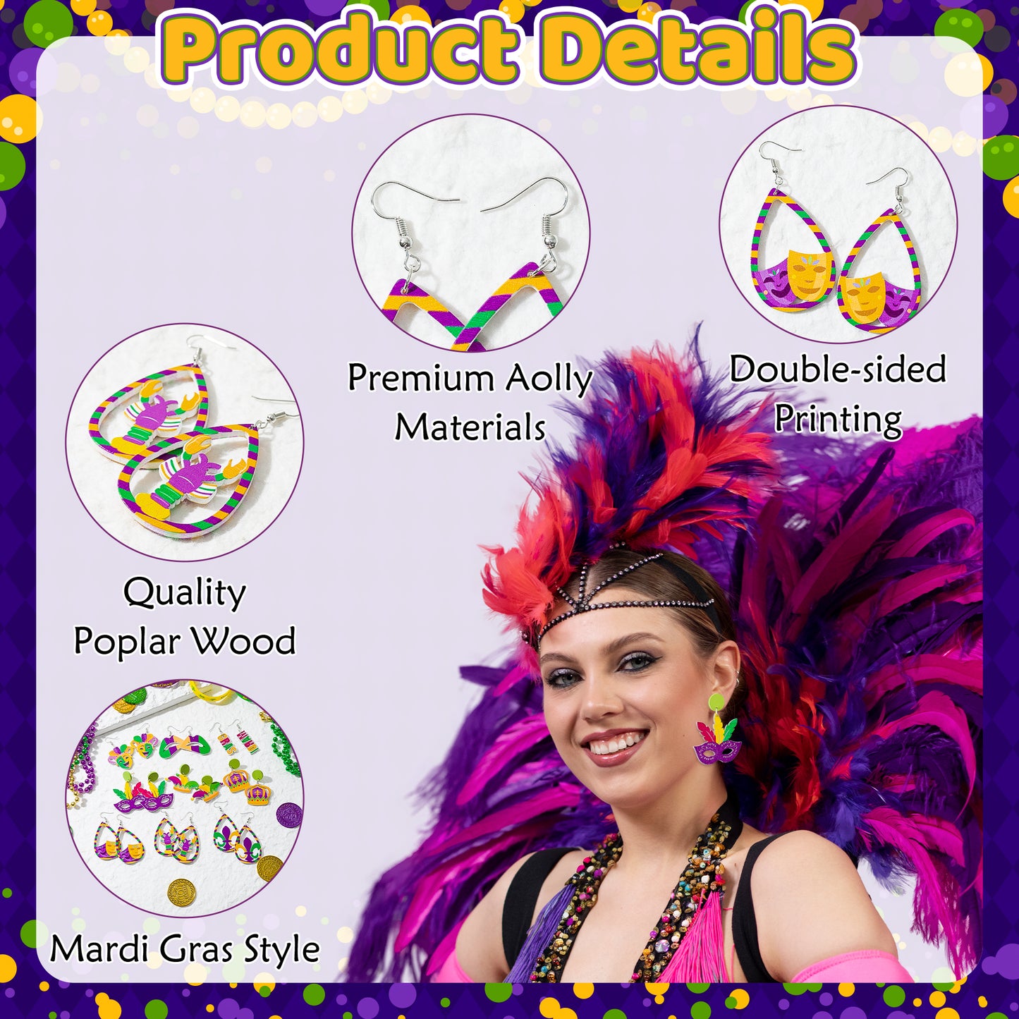 Y1tvei Mardi Gras Wooden Earrings - 9Pairs Purple Mask Crown Feather Shaped Dangle Earring Lightweight Cute Carnival Cutout Stud Teardrop Earring Fat Tuesday Festival Outfit for Women Girls