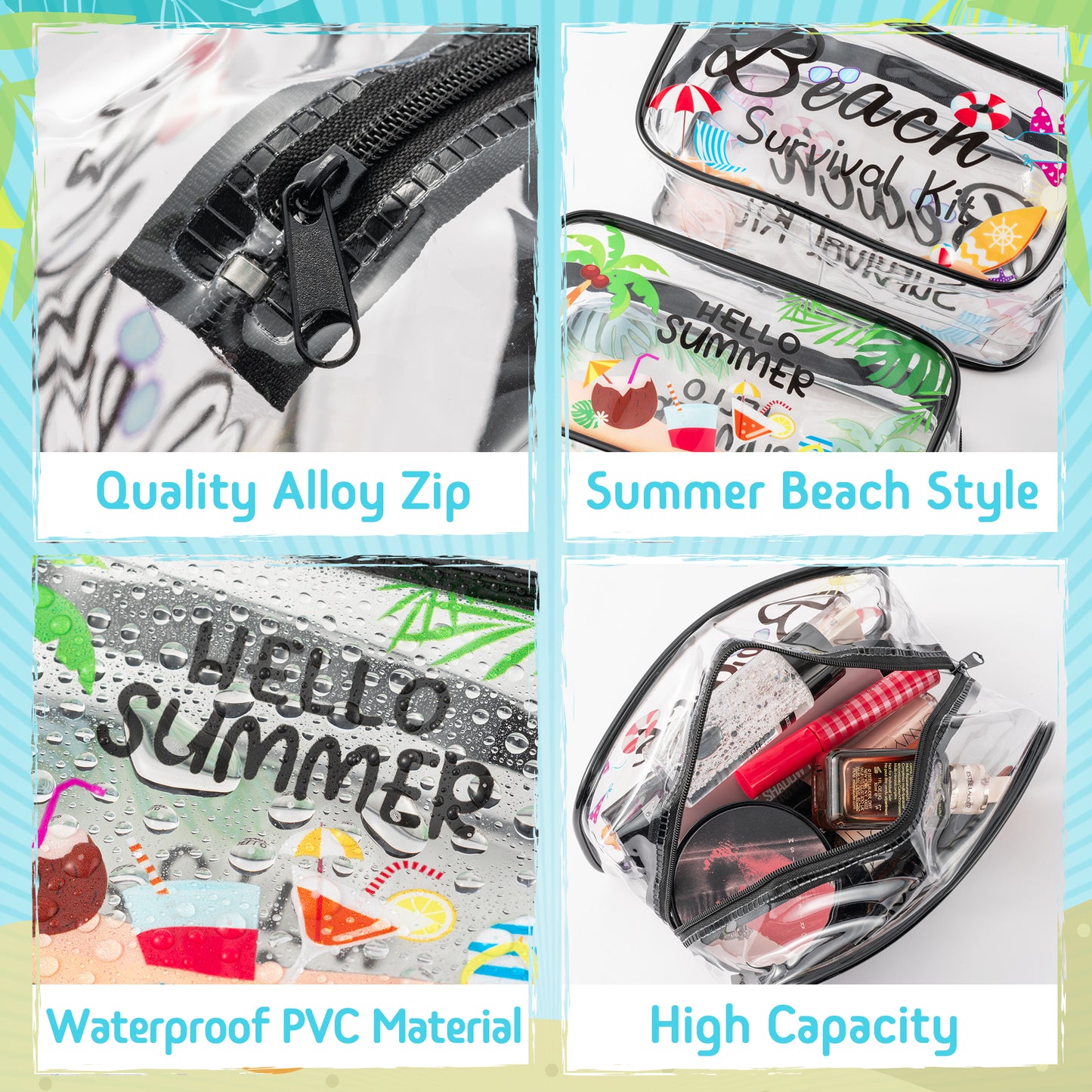 Y1tvei 2Pcs Beach Survival Kit Clear Cosmetic Bag Hello Summer Theme PVC Plastic Transparent Makeup Toiletry Bag Portable Waterproof Seaside Travel Pouch Organizer with Zipper for Women Girls Coast