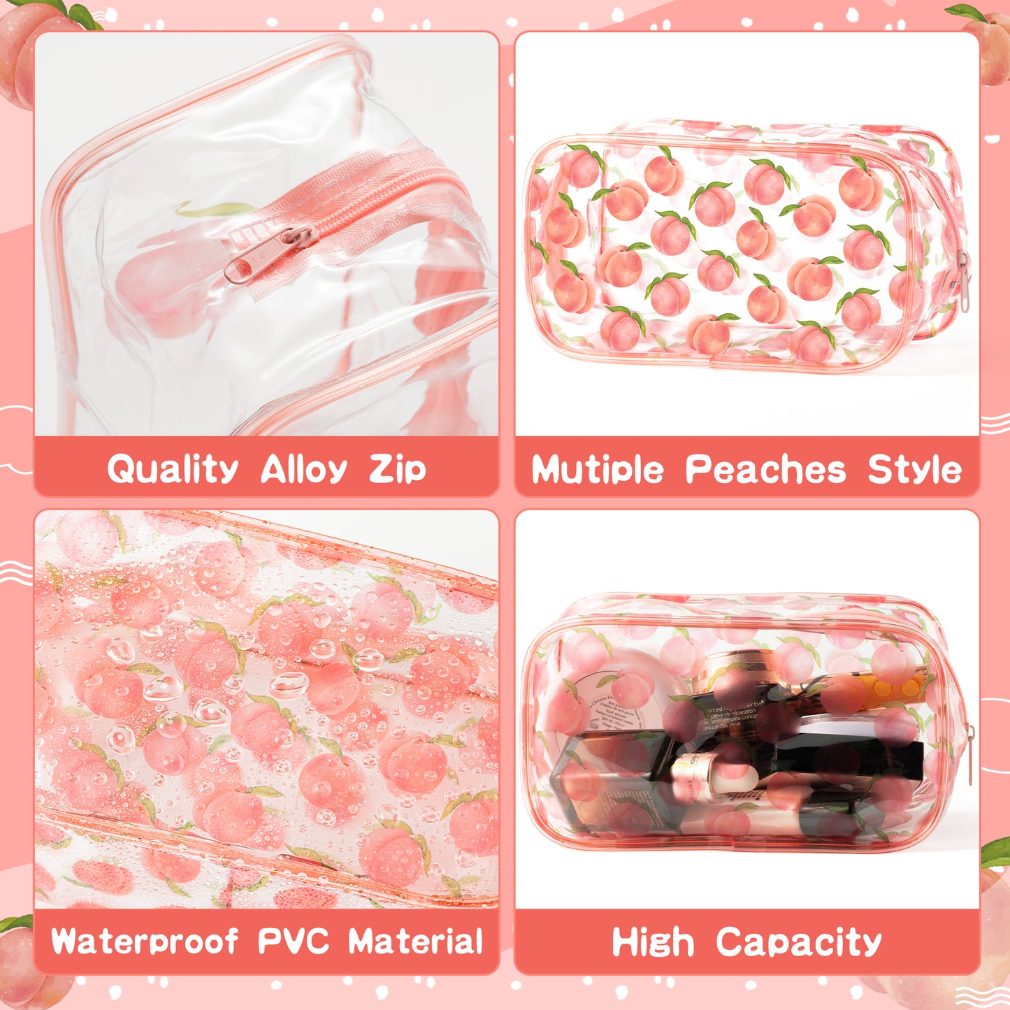 Y1tvei Pink Multiple Peaches Print Clear PVC Makeup Bag Cute Fruit Pattern Plastic Transparent Cosmetic Toiletry Bag Waterproof Portable Travel Organizer Zippered Clutch Purse for Women Girl Teens