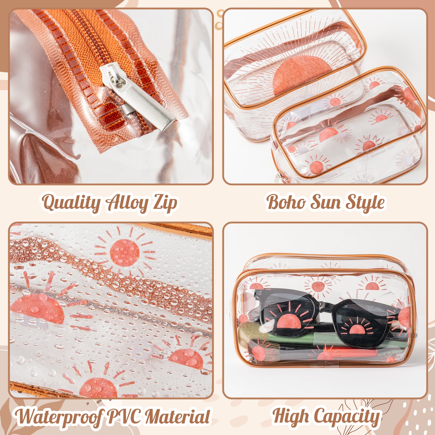 Y1tvei Boho Sun Makeup Bag - 2Pcs Brown Boho Sunshine Ray Transparent Print Clear Cosmetic Toiletry Bag Small Plastic Waterproof Portable Carry Pouch Summer Beach Travel Organizer for Women Girls