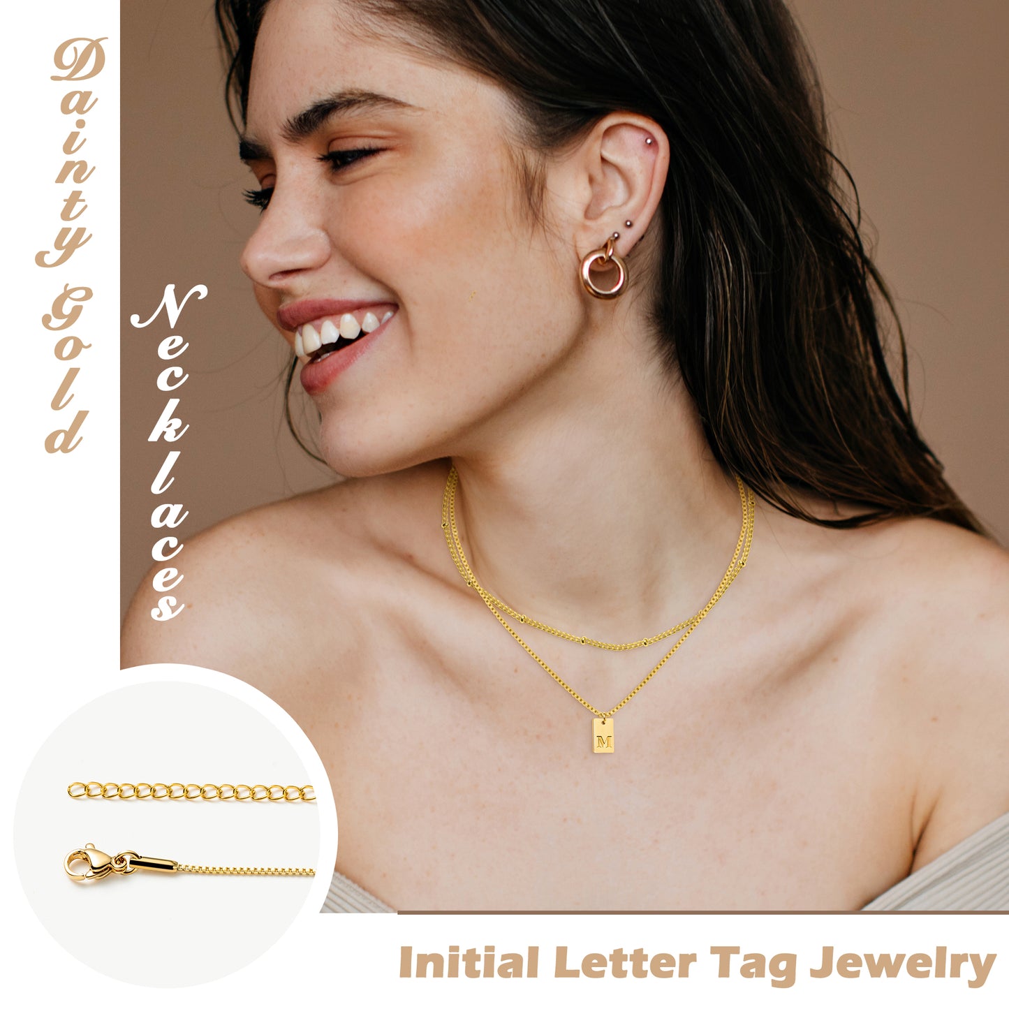 Y1tvei 2Pcs Layering Initial Necklaces Tiny Gold Plated Stainless Steel Letter J Dainty Alphabet Pendant Bead Chains Adjustable Trendy Name Engraved Chokers Personalized Jewelry Gift for Women Girl