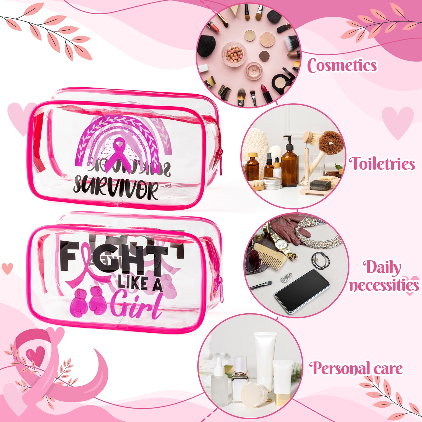 Y1tvei 2Pcs Breast Cancer Awareness Clear PVC Cosmetic Bag Fight Like A Girl Breast Cancer Survival Kit Pink Ribbon Portable Waterproof Makeup Toiletry Bag Cancer Warrior Survivor Gift for Woman Lady