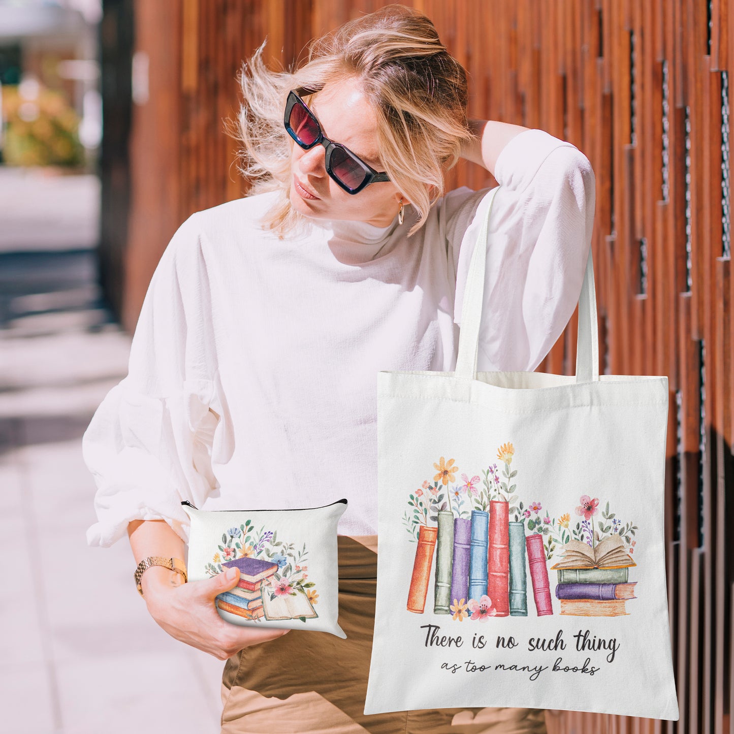 Y1tvei Teacher Book Tote Bag - 2Pcs Book Reading Themed Canvas Cosmetic Bag Set There Is No Such Thing As Too Many Books Tote Bag Makeup Hand Bag Teacher Appreciation Gift for Readers Book Lover Women