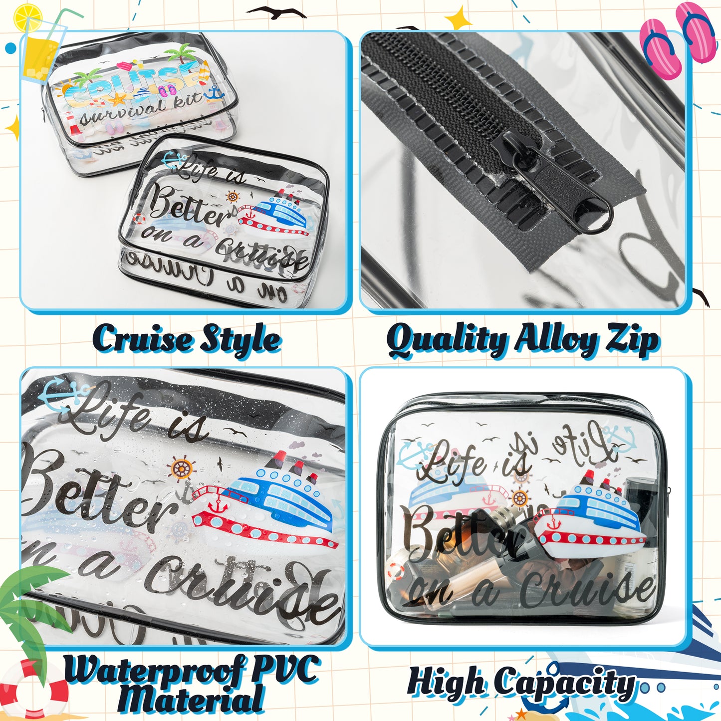 Y1tvei Cruise Clear Makeup Bag - 2Pcs Large Cruise Ship Essentials Travel Cosmetic Bag Cruise Survival Kit PVC Waterproof Toiletry Organizer Pouches Summer Beach Travel Accessories for Women Vacation