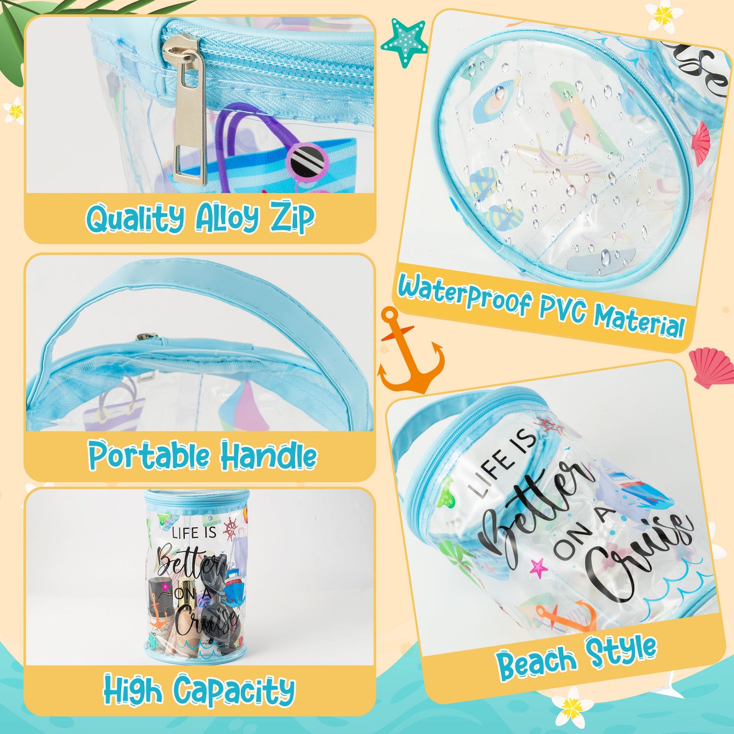 Y1tvei Cruise Lotion Toiletry Bag - Cruise Survival Kit Ship Essential Clear Cylinder Makeup Bag with Handle Transparent PVC Plastic Waterproof Barrel Zipper Cosmetic Beach Bag for Women Vacation