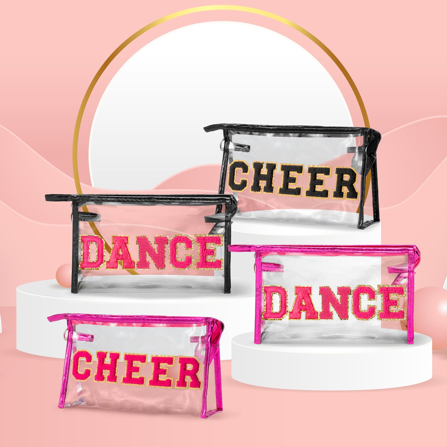 Y1tvei DANCE Clear Makeup Bag - Preppy Hot Pink Dance Chenille Patch Cosmetic Pouch Dancer Recital Survival Kit Extra Large PVC Transparent Toiletry Bag Waterproof Travel Organizer for Women(Rose Red)