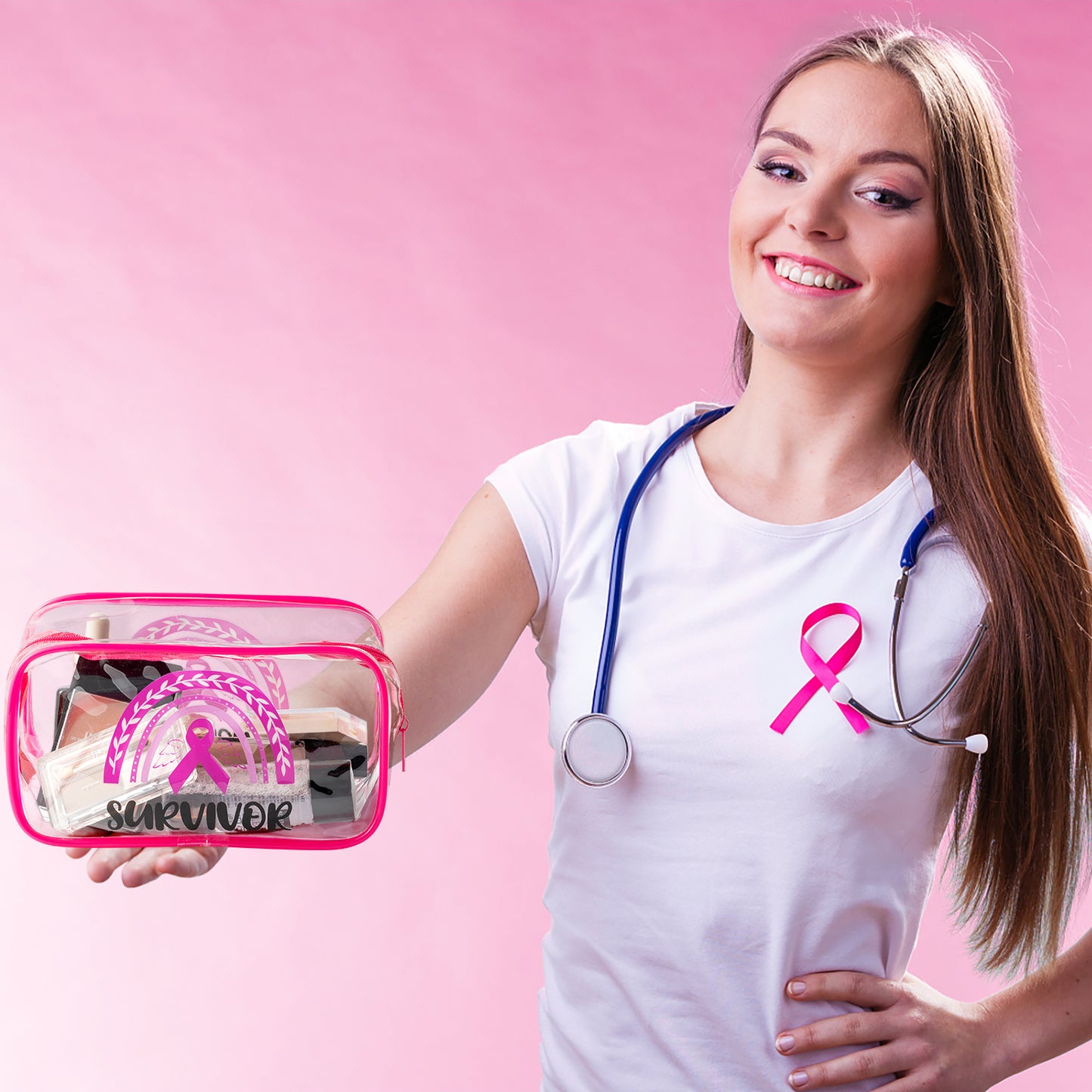 Y1tvei 2Pcs Breast Cancer Awareness Clear PVC Cosmetic Bag Fight Like A Girl Breast Cancer Survival Kit Pink Ribbon Portable Waterproof Makeup Toiletry Bag Cancer Warrior Survivor Gift for Woman Lady