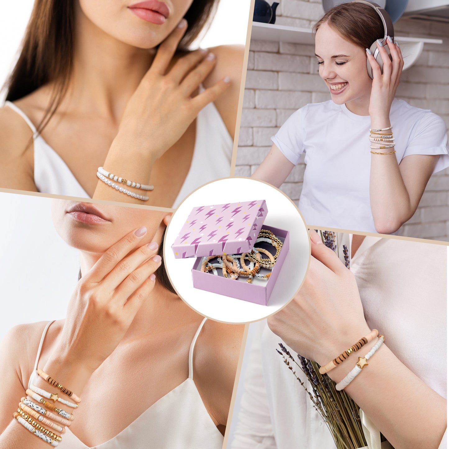 子体标题：Y1tvei Heishi Surfer Bracelets Set - 14Pcs Brown White Clay Bead Bracelet Boho Stackable Pearl Beaded Layering Stretch Mix Bracelet Gold Plated Bead Summer Beach Jewelry Friendship Bracelet for Women