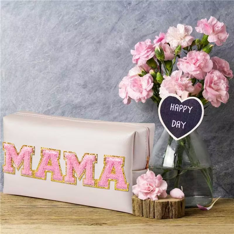 Y1tvei Preppy Patch Extra Large Mama Varsity Letter Makeup Bag Pink Chenille Letter PU Leather Waterproof Portable Cosmetic Toiletry Bag Zipper Organizer Gift for Christmas Mom Birthday Anniversary