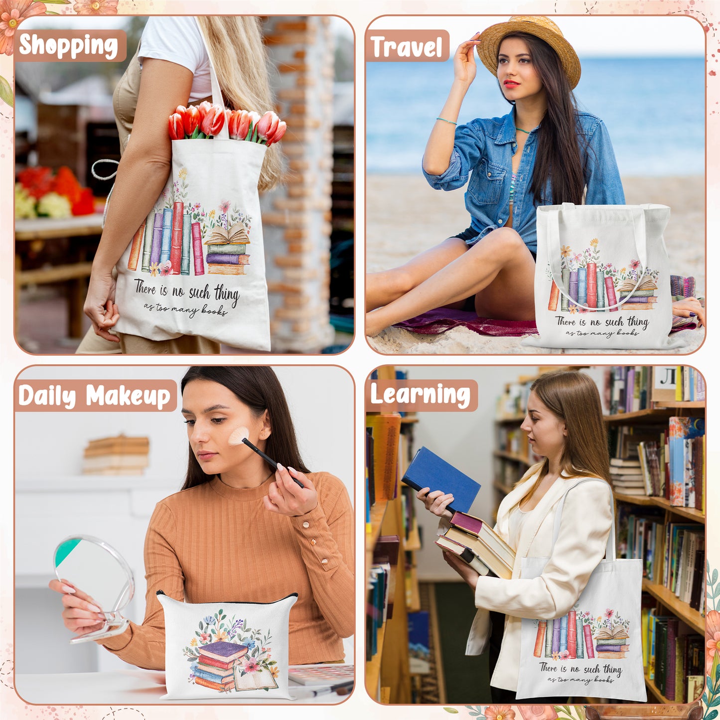 Y1tvei Teacher Book Tote Bag - 2Pcs Book Reading Themed Canvas Cosmetic Bag Set There Is No Such Thing As Too Many Books Tote Bag Makeup Hand Bag Teacher Appreciation Gift for Readers Book Lover Women