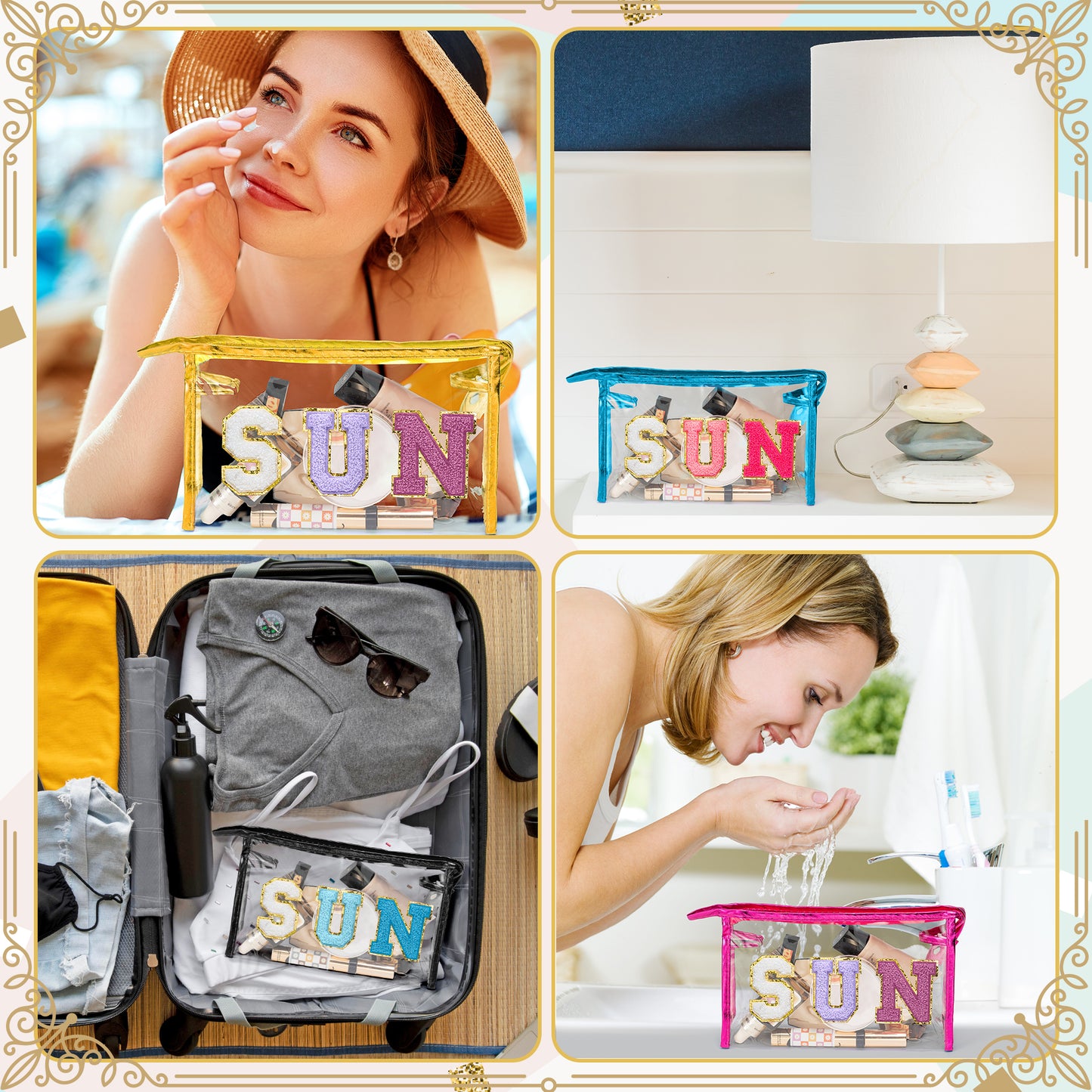 Y1tvei Clear SUN Makeup Bag - Preppy Blue SUN Chenille Varsity Letter Cosmetic Bag PVC Transparent Zipper Waterproof Beach Makeup Carry Pouch Portable Travel Toiletry Organizer for Women(Gold)