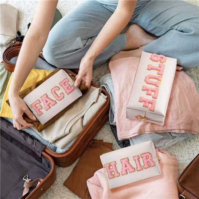 Y1tvei 4Pcs Preppy Patch Varsity Letter Makeup Bag Sewn with Pink Skin Hair Face Stuff Chenille Letter Cosmetic Toiletry Bag PU Leather Waterproof Portable Zipper Purse Travel Organizer for Women Girl