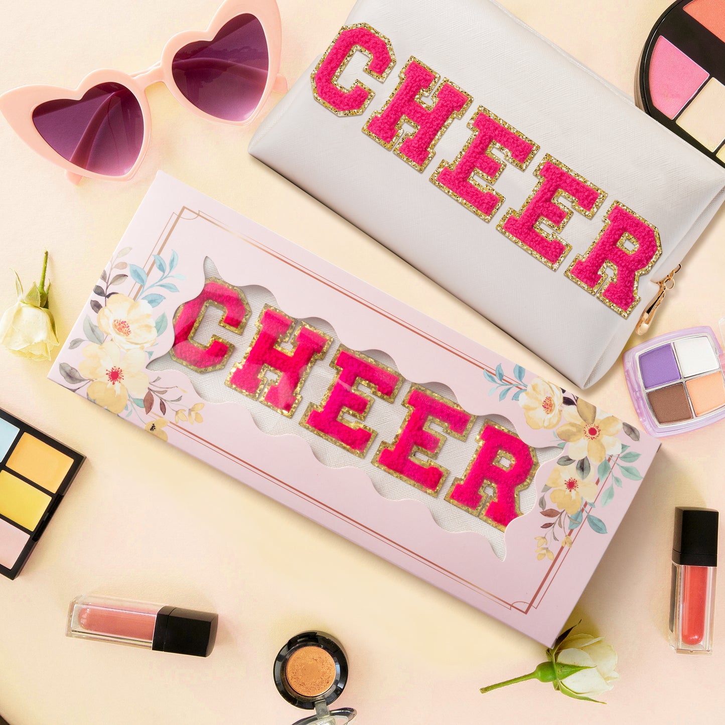 Y1tvei Preppy Patch CHEER Hot Pink Chenille Letter Extra Large Cosmetic Bag PU Leather Waterproof Portable Varsity Cheer Letter Makeup Toiletry Pouch Travel Organizer for Cheerleader Girl (Shell Gold)