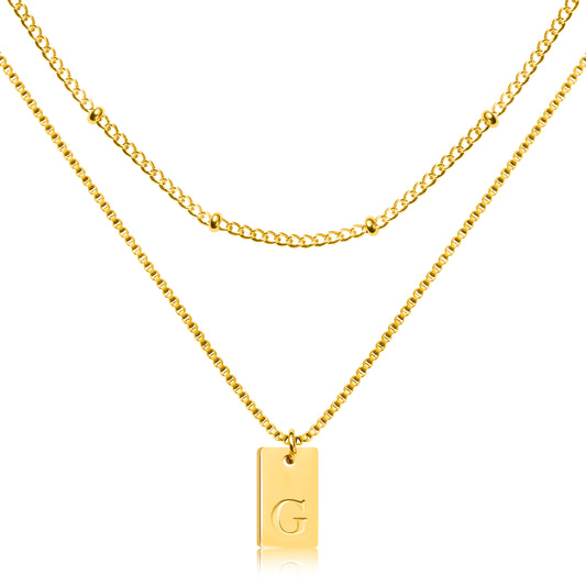 Y1tvei 2Pcs Layering Initial Necklaces Tiny Gold Plated Stainless Steel Letter G Dainty Alphabet Pendant Bead Chains Adjustable Trendy Name Engraved Chokers Personalized Jewelry Gift for Women Girl