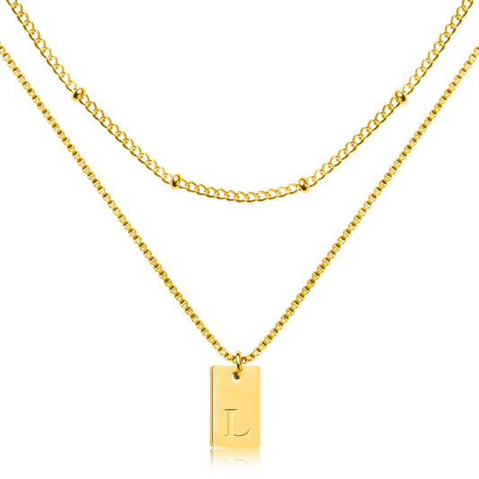 Y1tvei 2Pcs Layering Initial Necklaces Tiny Gold Plated Stainless Steel Letter L Dainty Alphabet Pendant Bead Chains Adjustable Trendy Name Engraved Chokers Personalized Jewelry Gift for Women Girl