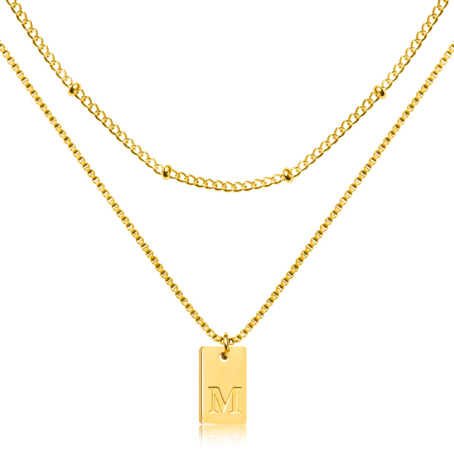 Y1tvei 2Pcs Layering Initial Necklaces Tiny Gold Plated Stainless Steel Letter M Dainty Alphabet Pendant Bead Chains Adjustable Trendy Name Engraved Chokers Personalized Jewelry Gift for Women Girl