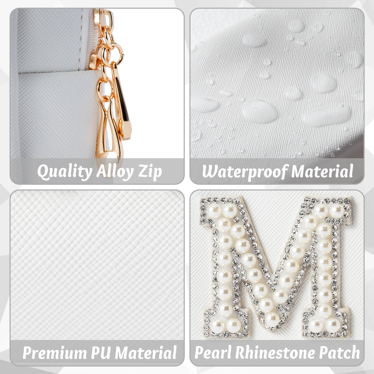 Y1tvei Bride Patch MRS Varsity Letter Cosmetic Toiletry Bag Pearl Rhinestone Letter Patches Bling Small White Makeup Bag PU Leather Waterproof Portable Zipper Purse Travel Organizer for Women Girls