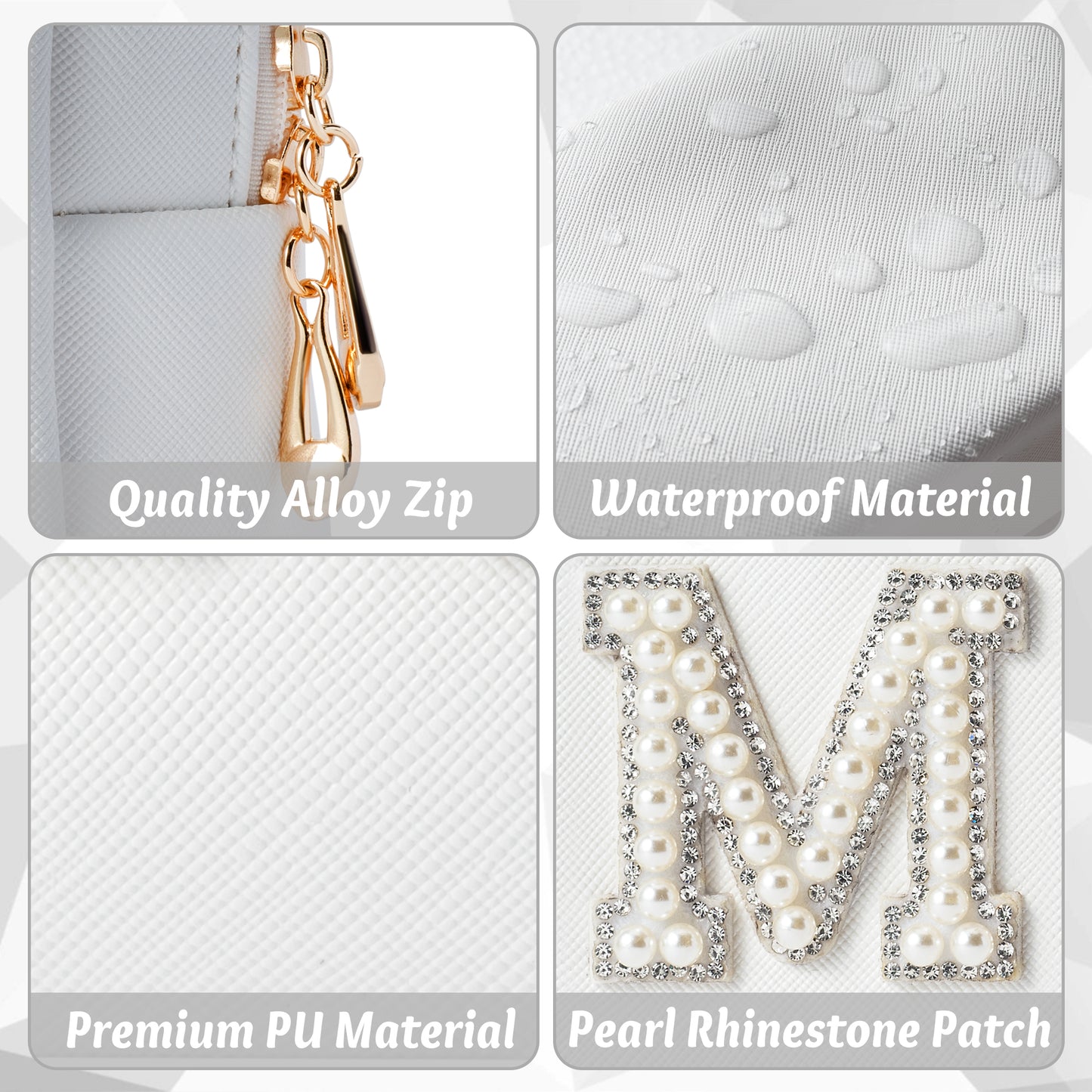 Y1tvei Bride MRS Patch Varsity Letter Cosmetic Toiletry Big Bag Pearl Rhinestone Letter Patches Large White Makeup PU Bag Waterproof Portable Zipper Purse Travel Organizer for Wedding Bride Bridesmaid