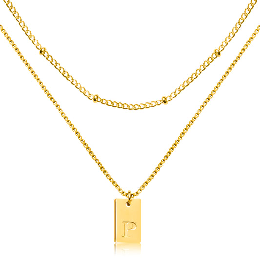 Y1tvei 2Pcs Layering Initial Necklaces Tiny Gold Plated Stainless Steel Letter P Dainty Alphabet Pendant Bead Chains Adjustable Trendy Name Engraved Chokers Personalized Jewelry Gift for Women Girl