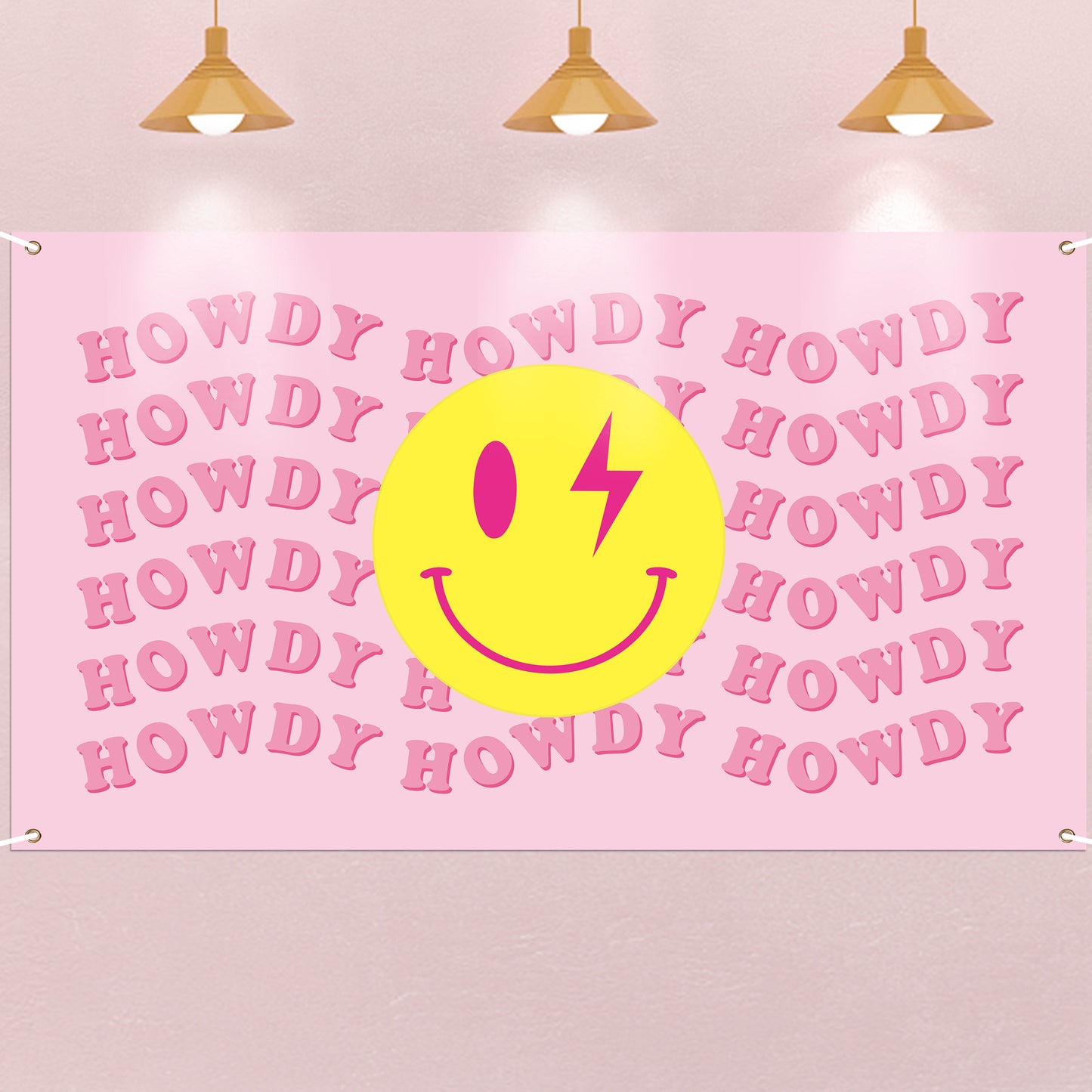 Y1tvei Preppy Cowgirl Room Decor Party Banner Aesthetic Pink Howdy Happy Face Tapestry Backdrop Modern Preppy Photography Background for Teen Girls Bedroom College Dorm Wall Hanging Props Photo Booth