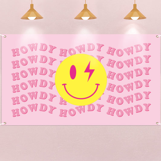 Y1tvei Preppy Cowgirl Room Decor Party Banner Aesthetic Pink Howdy Happy Face Tapestry Backdrop Modern Preppy Photography Background for Teen Girls Bedroom College Dorm Wall Hanging Props Photo Booth