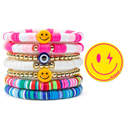 Y1tvei 7Pcs Heishi Surfer Bracelets Set Colorful Preppy Happy Smile Evil Eye Beaded Stretch Bracelets Clay Stackable Boho Disc Bracelets Y2K Kidcore Aesthetic Summer Beach Jewelry for Women Girls