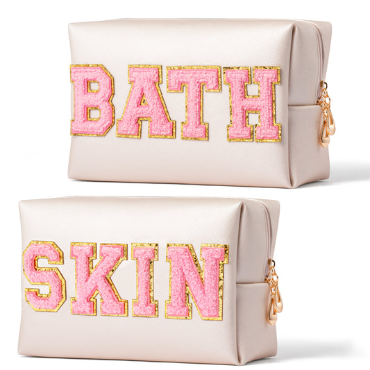 Y1tvei 2Pcs Preppy Patch SKIN BATH Varsity Letter Cosmetic Toiletry Bag Pink Letter Makeup Bag Zipper Pouch Storage Portable Purse Waterproof Travel Organizer Gift for Women Teen Girls (Shell Gold)