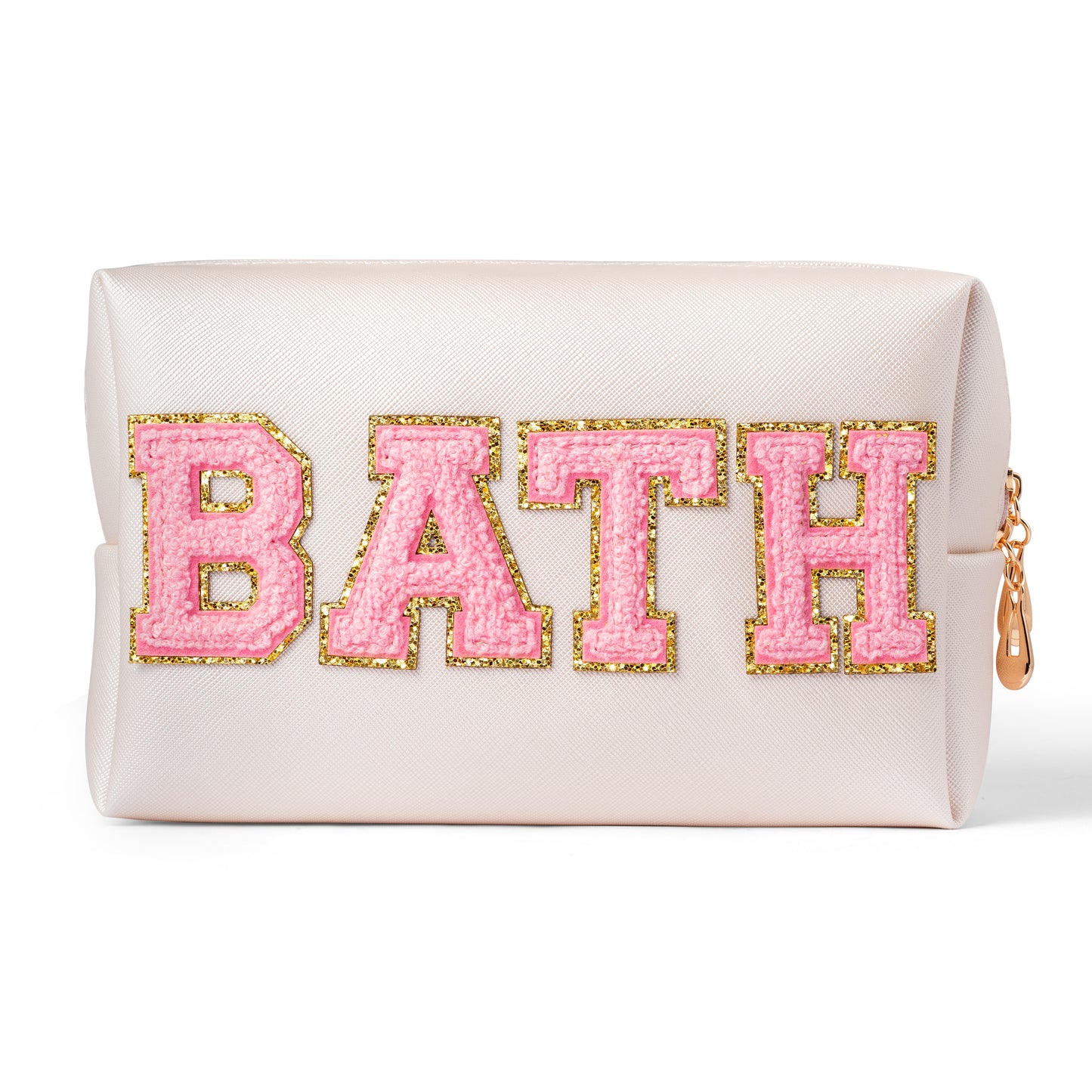 Y1tvei Preppy Patch BATH Letter Cosmetic Toiletry Bag PU Leather Portable Makeup Bag Sewn with Chenille Varsity Letter Patches Waterproof Zipper Pouch Travel Organizer for Women Girls Teen(Shell Gold)