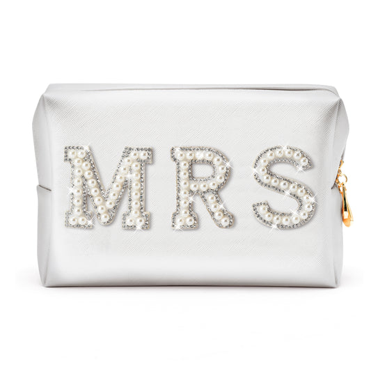 Y1tvei Bride MRS Patch Varsity Letter Cosmetic Toiletry Big Bag Pearl Rhinestone Letter Patches Large White Makeup PU Bag Waterproof Portable Zipper Purse Travel Organizer for Wedding Bride Bridesmaid