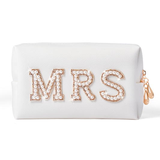 Y1tvei Gold MRS Letter Patch Cosmetic Toiletry Bag Pearl Rhinestone Varsity Letter Patches PU Leather Bride Makeup Bag Waterproof Portable Zipper Small Clutch Purse Travel Organizer for Women Girls