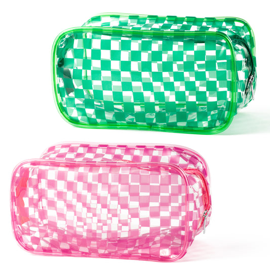 Y1tvei 2Pcs Pink Green Checkered Clear PVC Makeup Bag Gingham Print Plastic Transparent Cosmetic Toiletry Bag Portable Waterproof Plaid Clutch Purse Travel Organizer with Zipper for Women Girls Teens