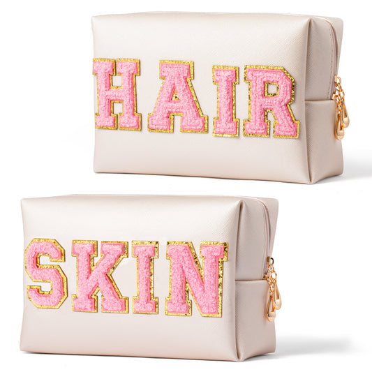 Y1tvei 2Pcs Preppy Patch SKIN HAIR Varsity Letter Cosmetic Toiletry Bag Pink Letter Makeup Bag Zipper Pouch Storage Portable Purse Waterproof Travel Organizer Gift for Women Teen Girls (Shell Gold)