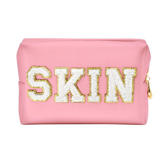 Y1tvei Preppy Patch SKIN White Letter White Cosmetic Toiletry Bag PU Leather Portable Makeup Bag Daily Use Storage Pouch Toiletry Purse Waterproof Organizer for Travel Varsity Women Girls Teens(Pink)