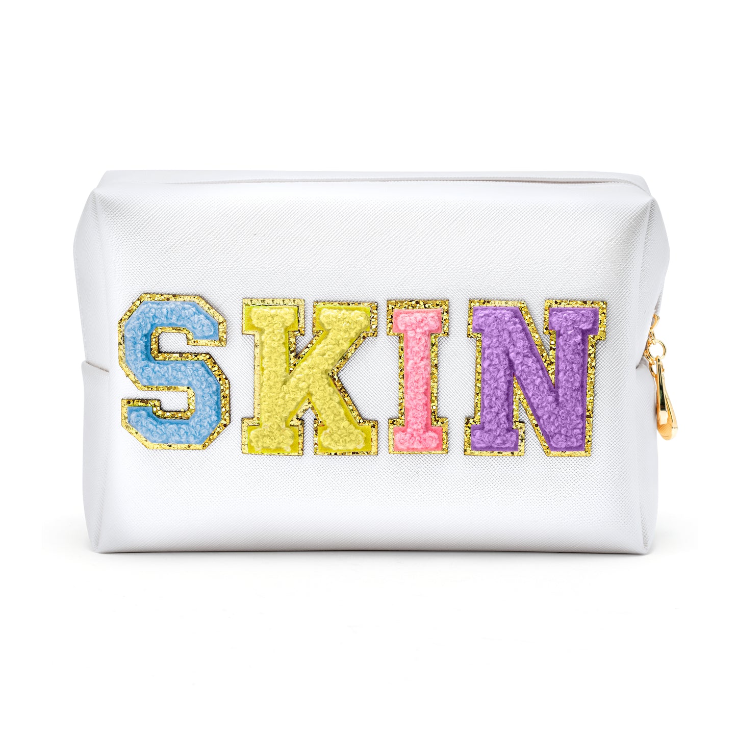 Y1tvei Preppy Patch SKIN Colorful Letter White Cosmetic Toiletry Bag PU Leather Portable Makeup Bag Daily Use Storage Pouch Toiletry Purse Waterproof Organizer for Travel Varsity Women Girls (White)