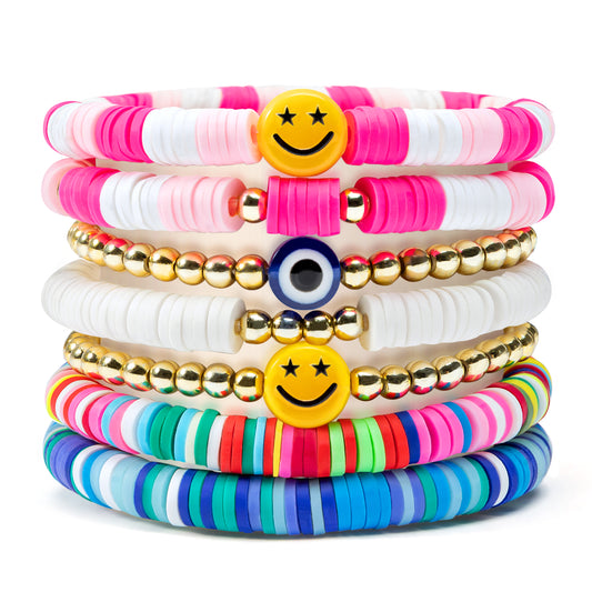 Y1tvei 7Pcs Heishi Surfer Bracelets Set Colorful Preppy Happy Smile Evil Eye Beaded Stretch Bracelets Clay Stackable Boho Disc Bracelets Y2K Kidcore Aesthetic Summer Beach Jewelry for Women Girls