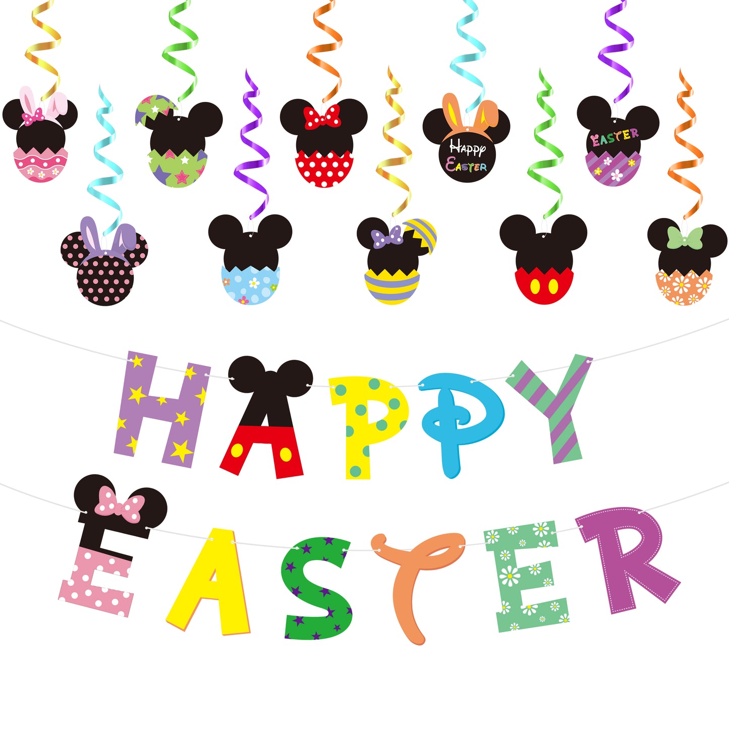 Y1tvei Easter Cartoon Mouse Themed Party Decorations Colorful Happy Easter Banner Garland Hanging Swirls Easter Egg Bunny Foil Ceiling Hanging Streamers for Kids Party Supplies Photo Props